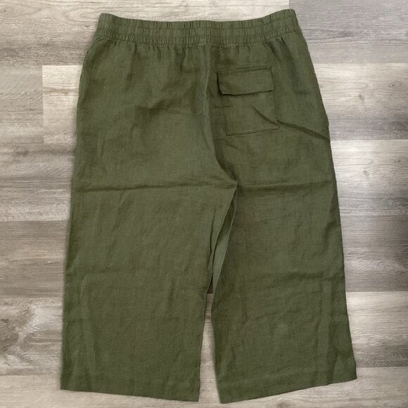 Whistles 100% Linen Wide Leg Crop Pants Womens 14 Olive Green Elastic Waist Soft - Picture 2 of 9